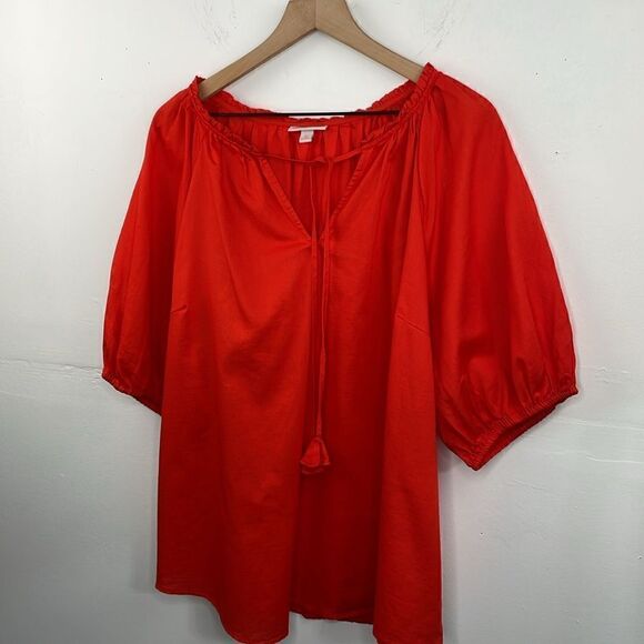 Knox Rose Boho Peasant Style with tassel tie orange red Puffy Sleeves Top 2X - Picture 4 of 11